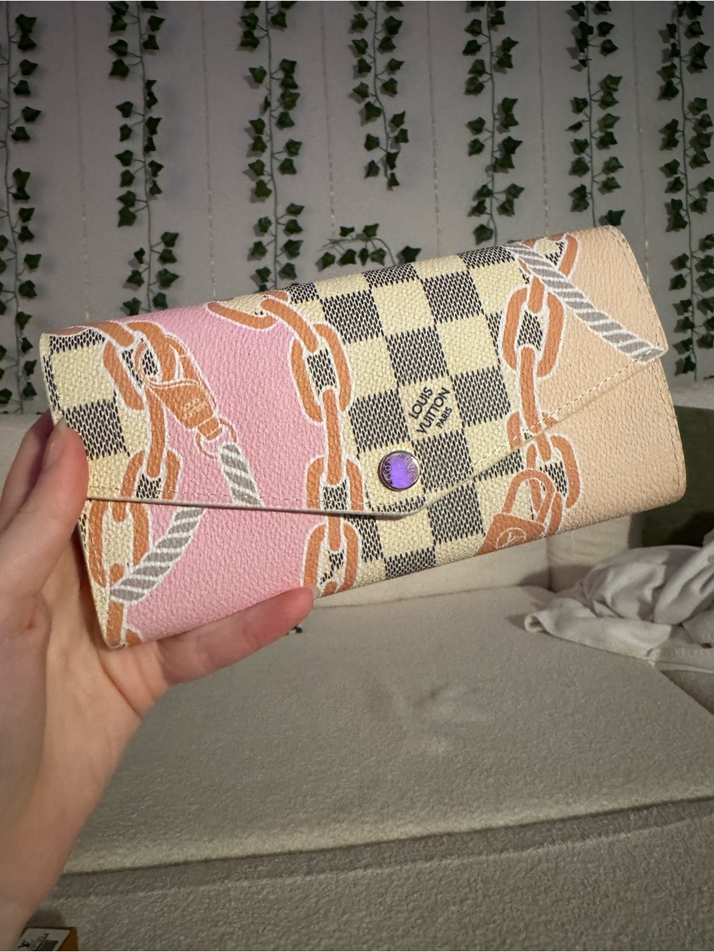 Pink and Beige Chain Print Long Wallet